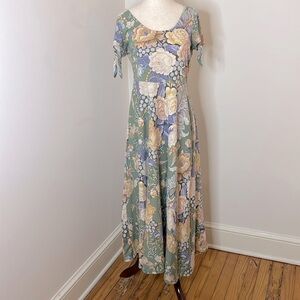 Vintage 90s Cottagecore Ralph Lauren Chaps Green Floral Maxi Dress Size Medium